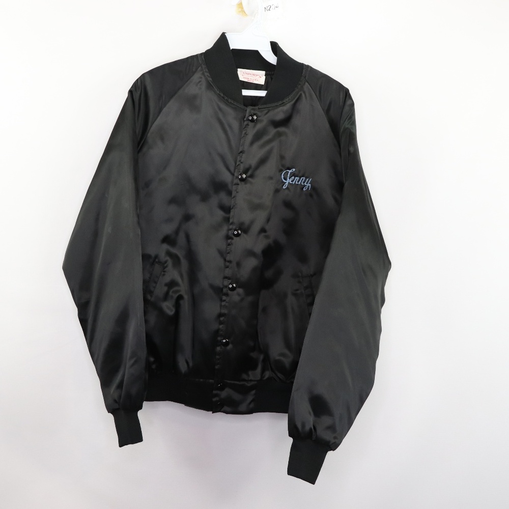 Vtg 80s Womens Medium Flag Fire Satin Jacket Black